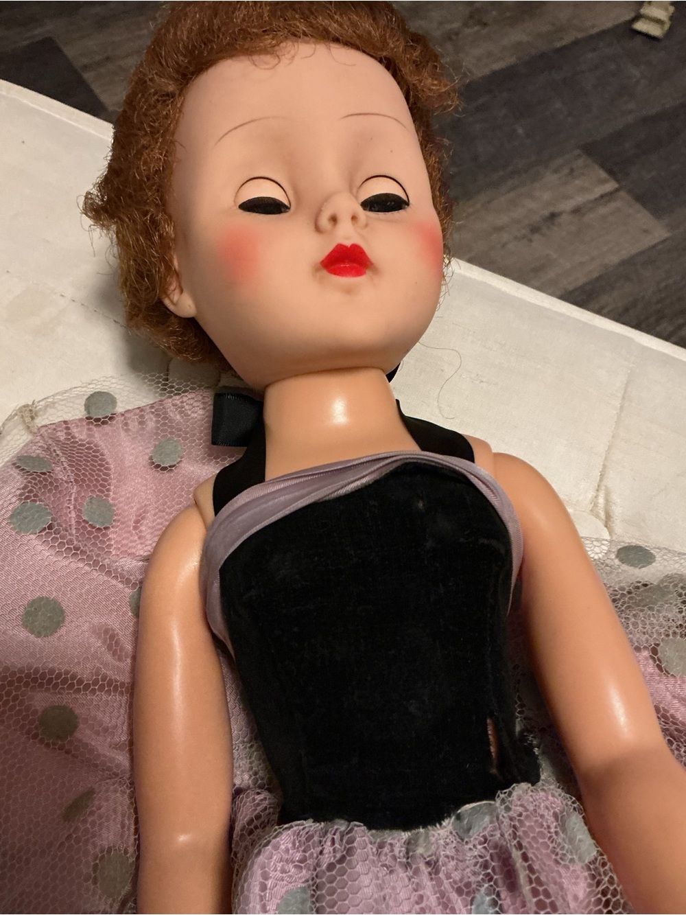 Vintage Fashion Doll in Black Velvet & Light Purple Tulle Dress